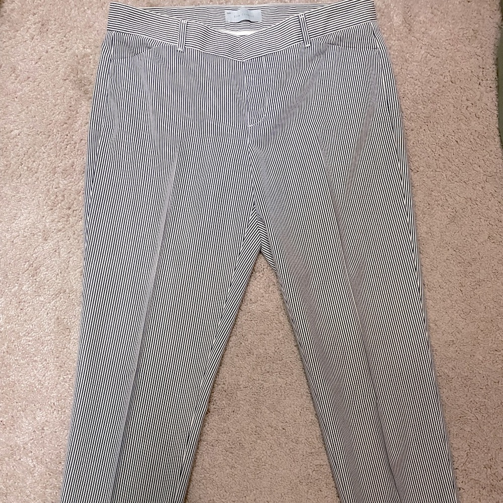 GAP slim cropped pant. Navy blue and white thin stripes.